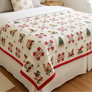 Vintage Handmade Christmas Patchwork Print Quilt 40x48 Noel Folk Art Lap Quilt